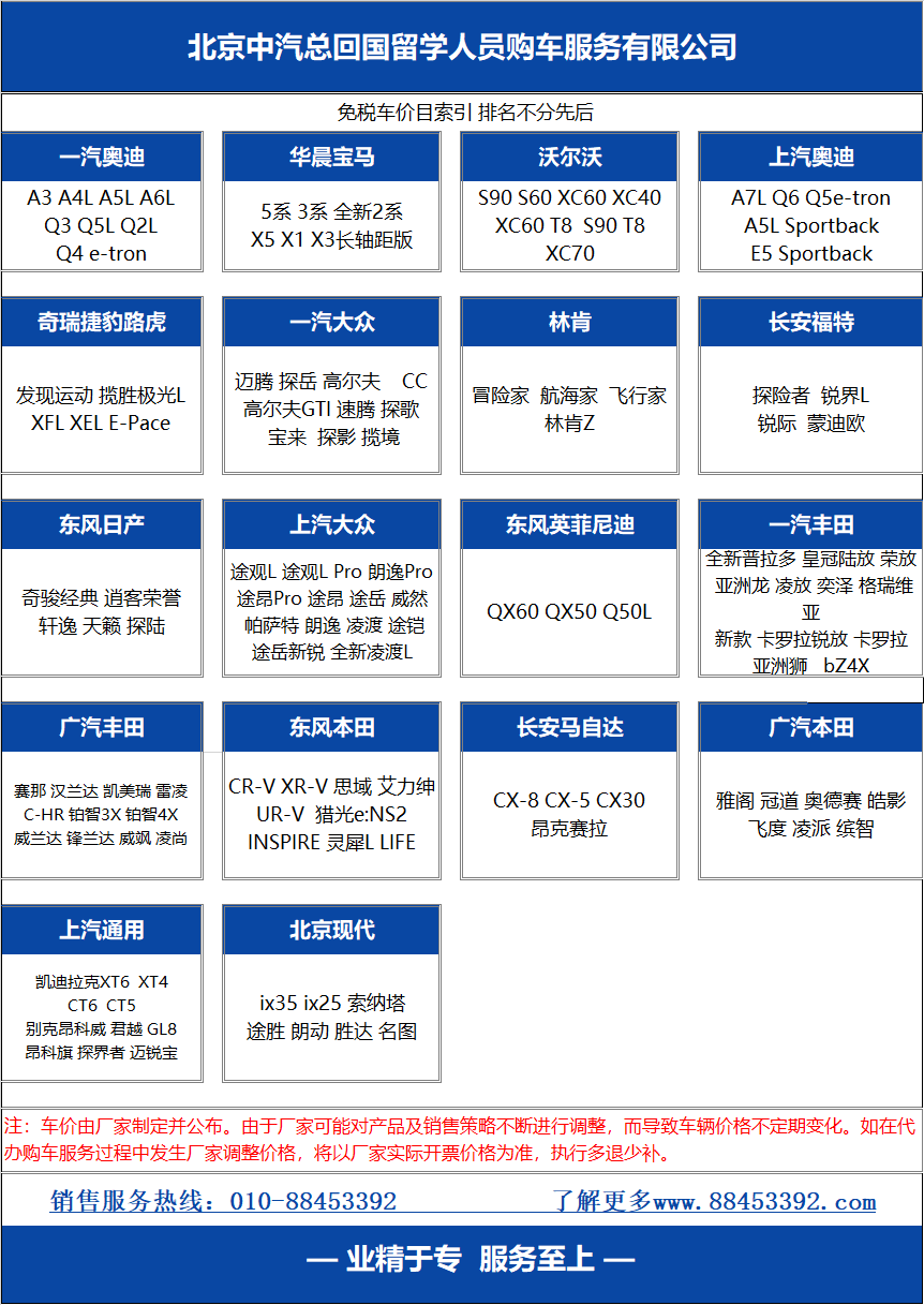 中汽总留学生免税车品牌目录