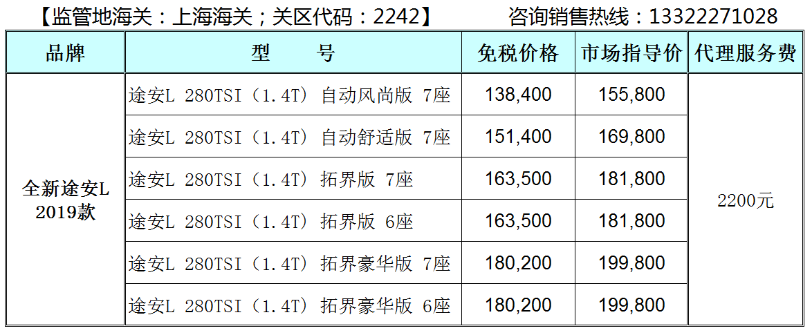 上汽大众 2019款 全新途安L 免税车型价格表