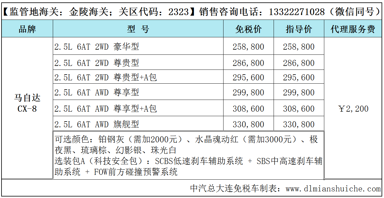 长安马自达CX-8免税车型价格表